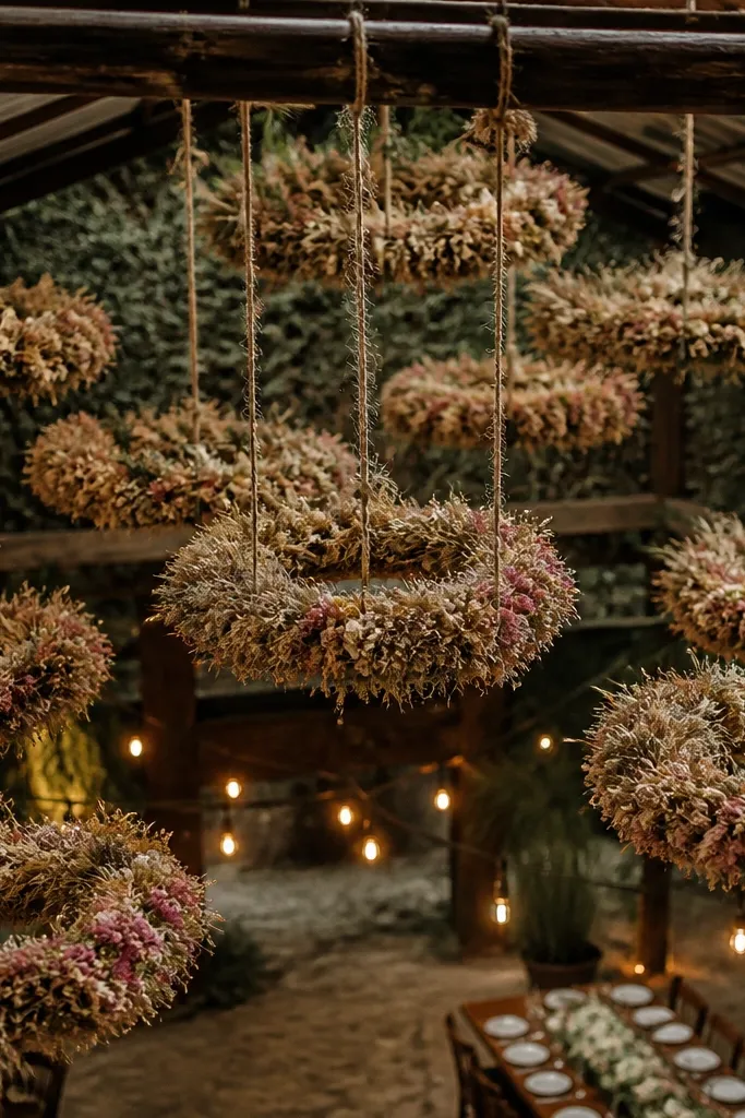 Small ring shapes hanging with dried flowers and seed heads