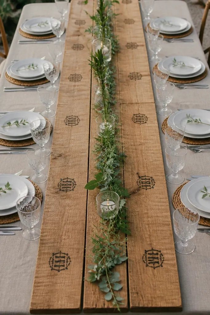 Narrow wood planks placed as runners with stenciled place details