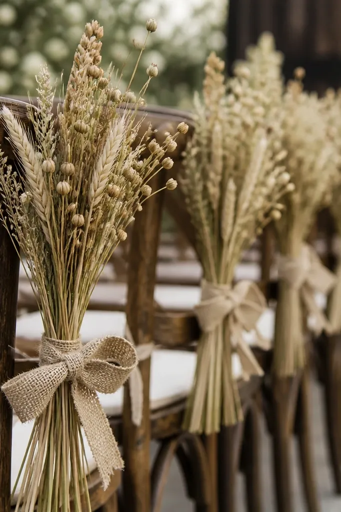 Small seed head bundles tied to chairs with mini burlap bows