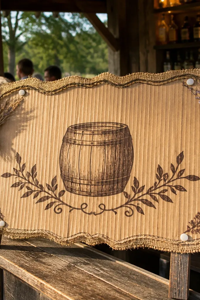 Corrugated cardboard bar sign with dark lettering and small dried sprigs