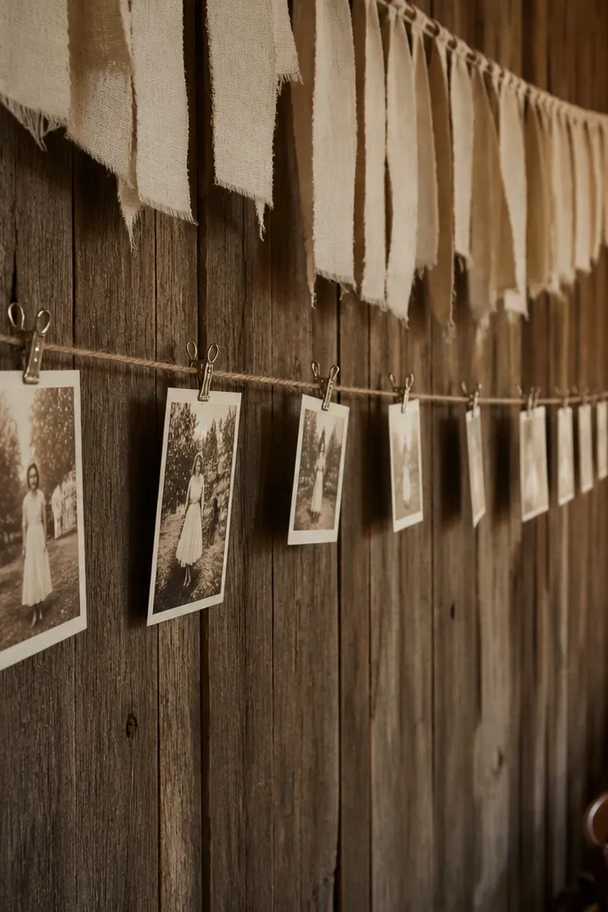 Twine line with clothespins holding small cards on a linen banner