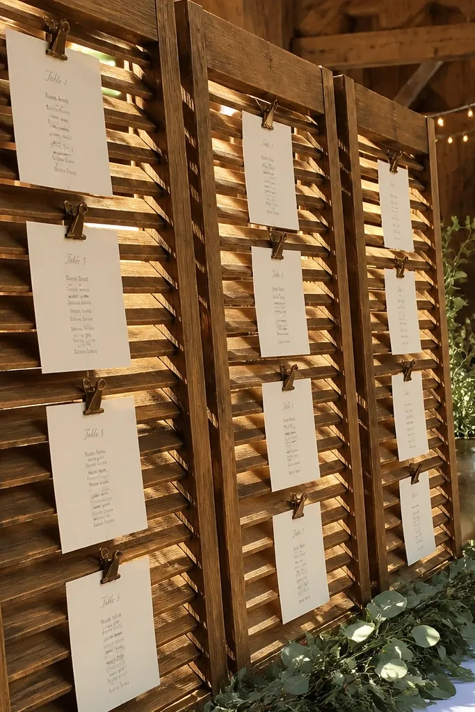 Two wooden shutters open like doors with table number sections and handwritten guest names