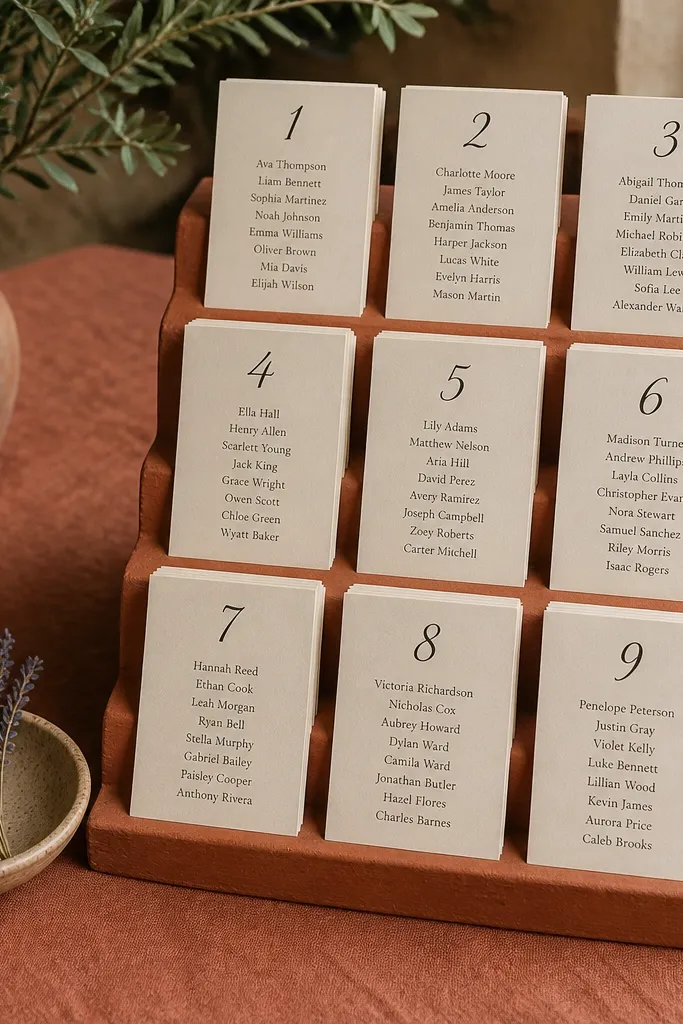 Terracotta-colored risers with stacked place cards labeled by table numbers
