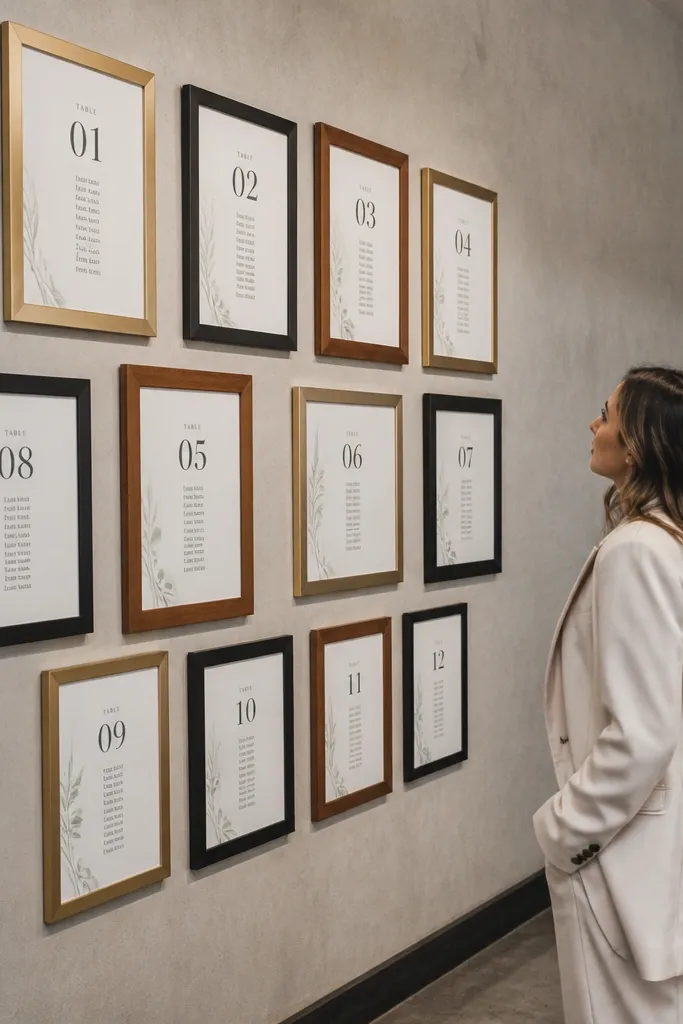 Multiple small frames on a wall with table number prints and guest names