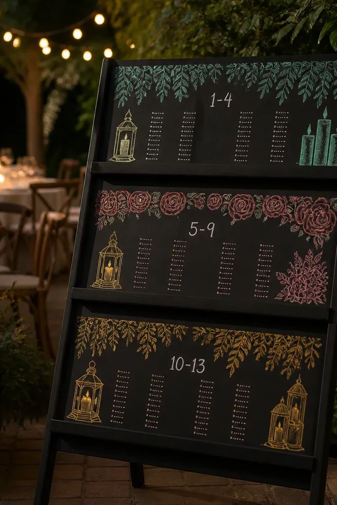 Tiered chalkboard stand with colored chalk table sections and guest name lists