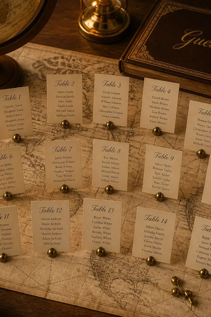 A vintage map with numbered pins marking table sections and guest name cards