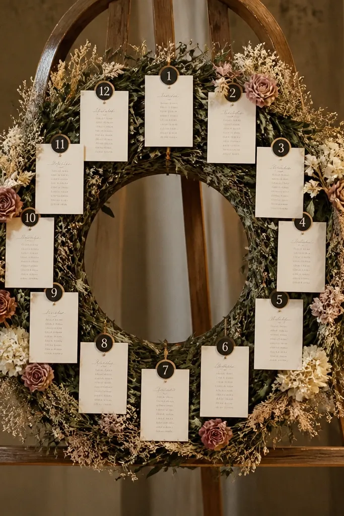A large circular wreath seating chart with ring sections labeled by table number