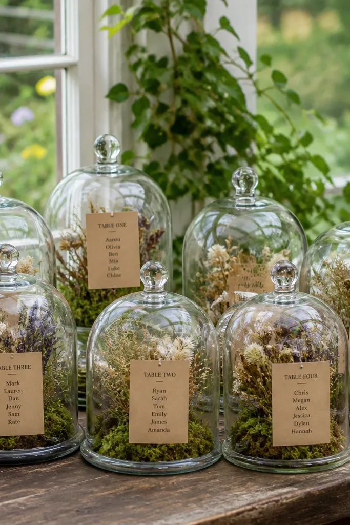 Mini glass cloches labeled by table number with guest name cards beneath