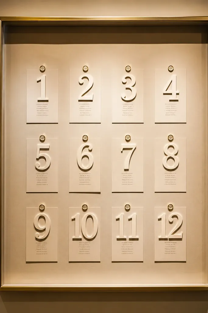 A shadow box with layered table numbers and guest name cards in depth