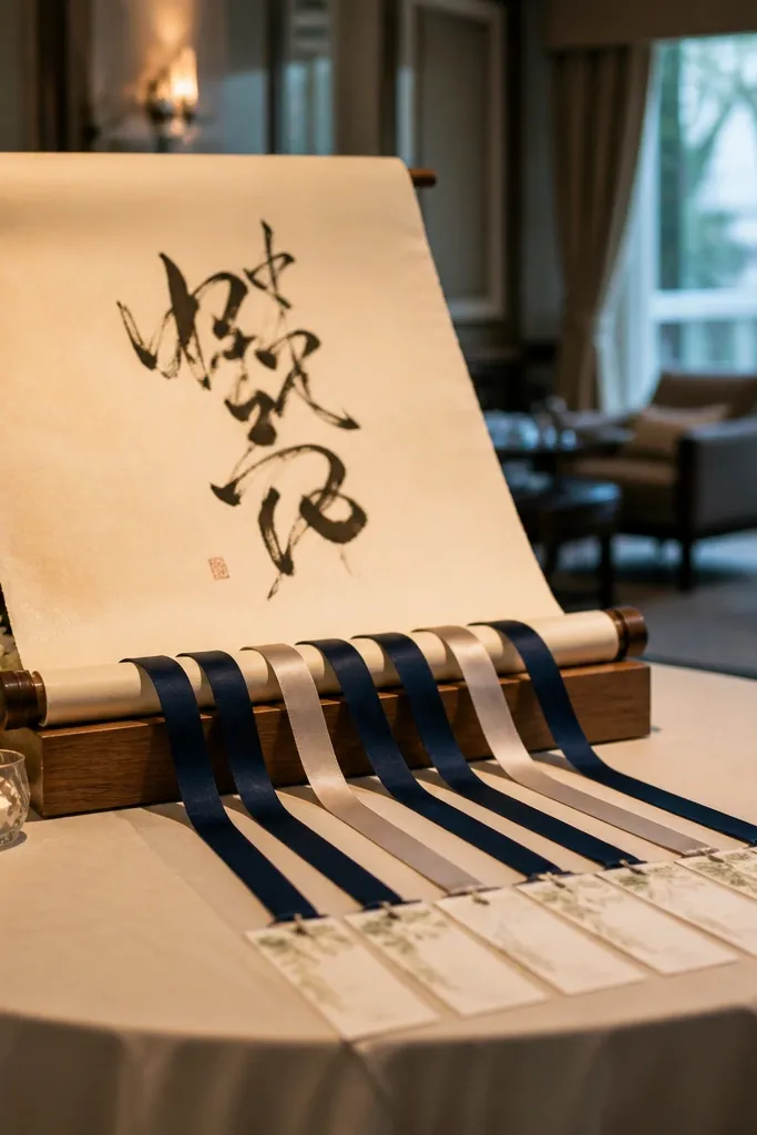 Rolled scroll sign with ribbon pointers leading to table number cards