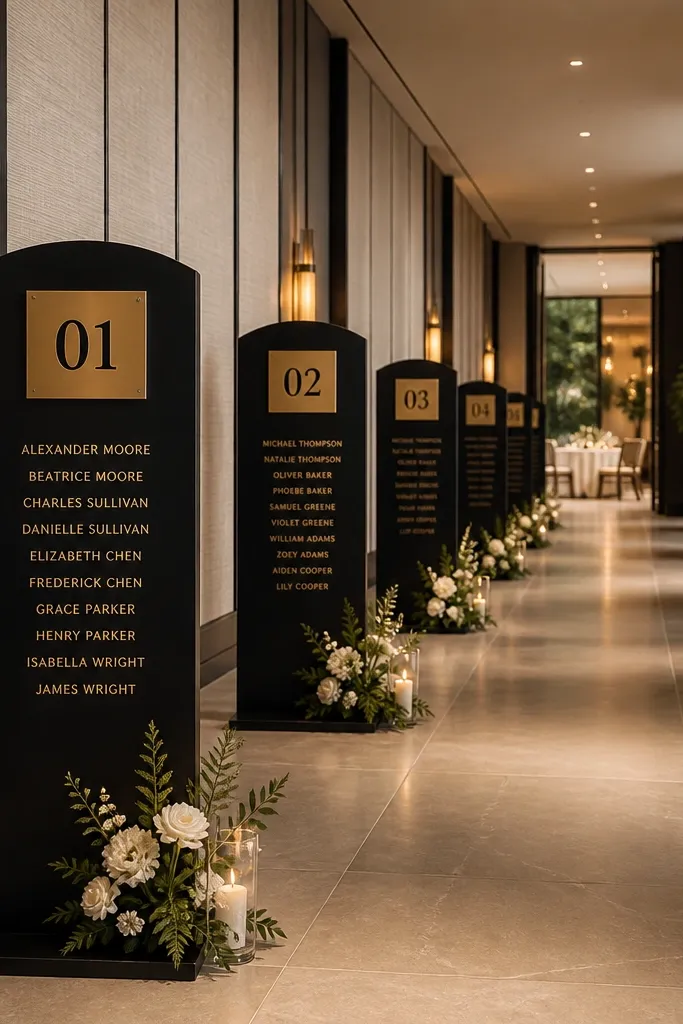 Aisle markers with table numbers and matching guest card panels along a pathway