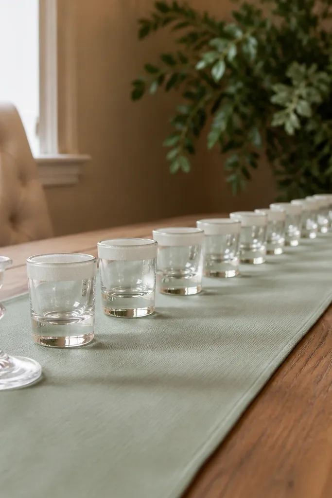 Sage green runner with a neat line of clear glass votives and white taper candles