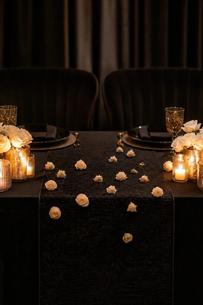Black tablecloth with scattered cream rosebuds and a few small white candles in clusters