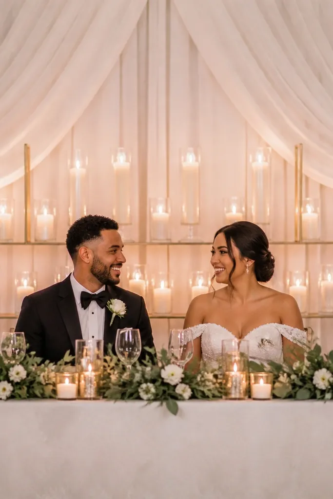 White draped backdrop behind a sweetheart table with two staggered rows of candles