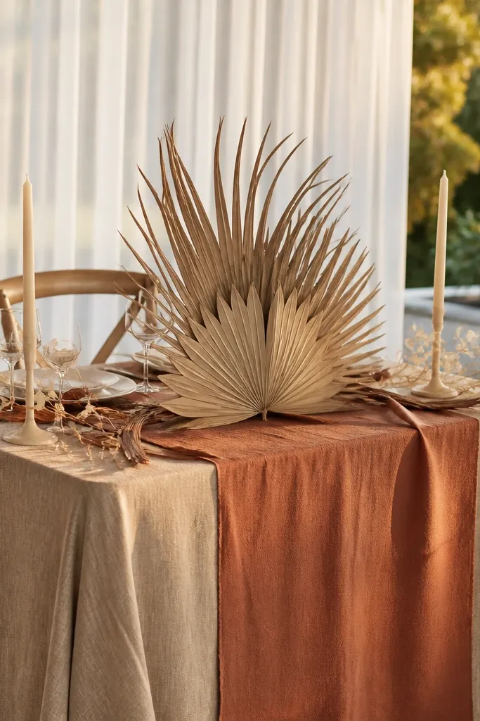 Terracotta runner with a small fan of dried palm fronds in the middle and a few cream candles