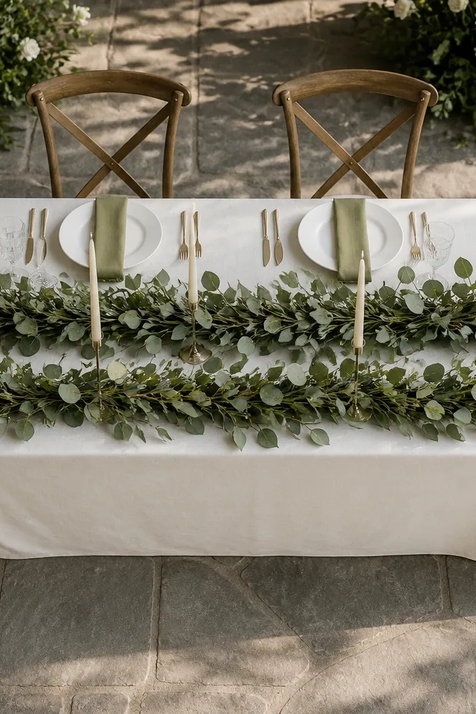Long strips of monochrome greenery laid in bands across a sweetheart table with small white tapers