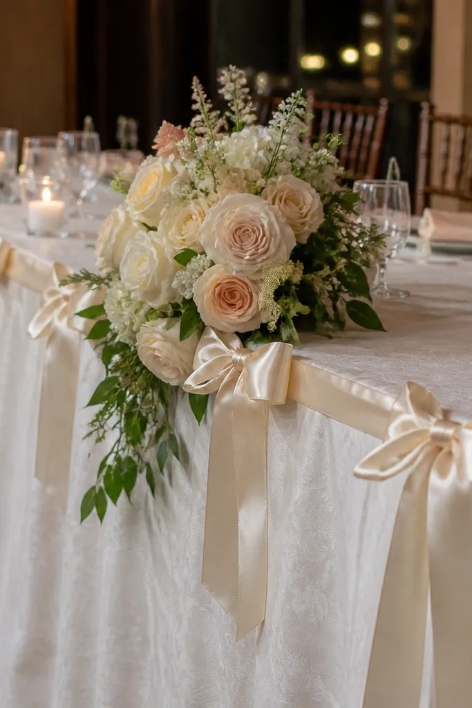 Cream satin ribbon tied into small bows along the table edge with soft candlelight