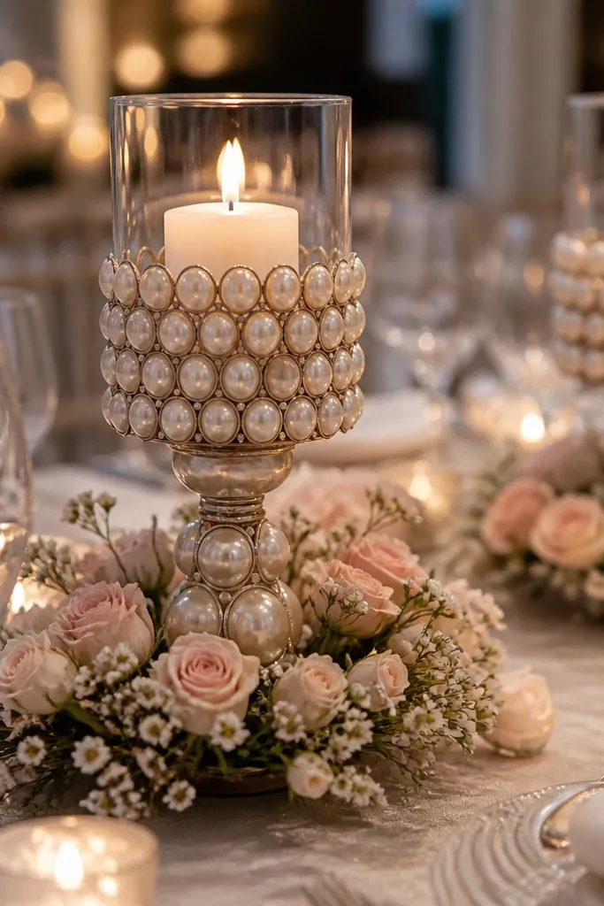 Pearl-accent candle holders with blush micro florals sprinkled around the base