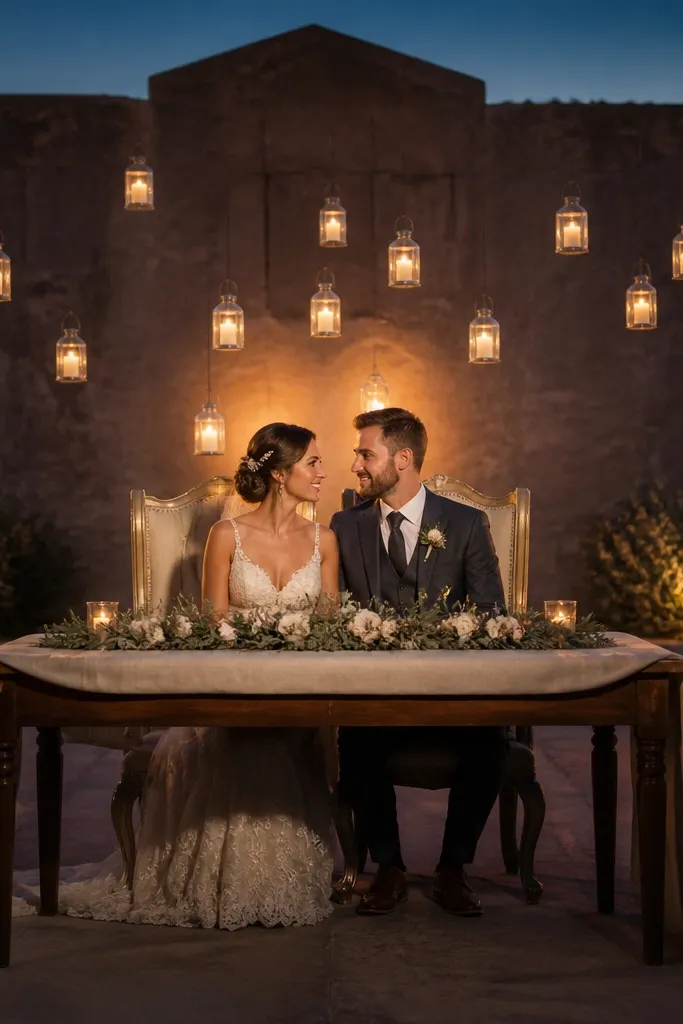 Two warm lanterns placed behind the couple's seats with a simple table runner in front