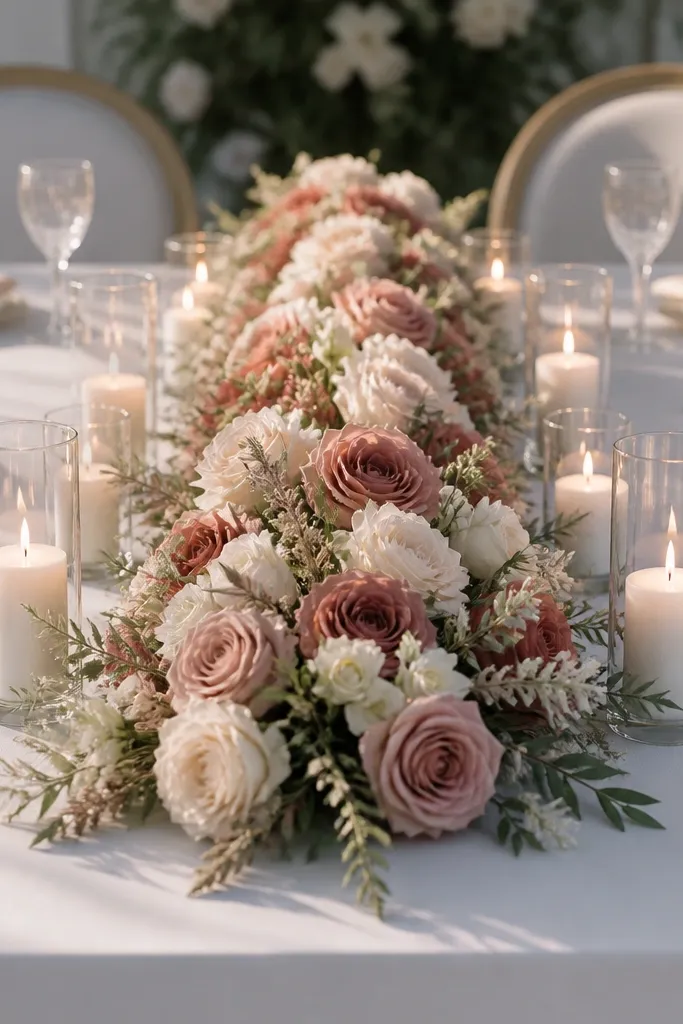 Two-color floral stripe across the table with white candles evenly spaced
