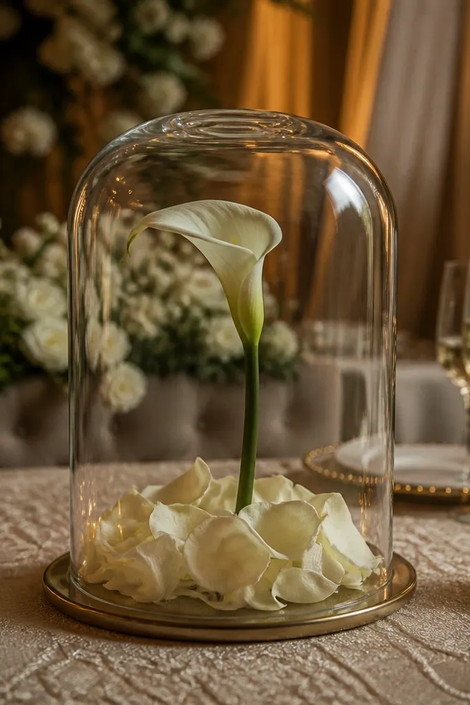 Glass cloche over a small base with scattered petals and a single flower stem