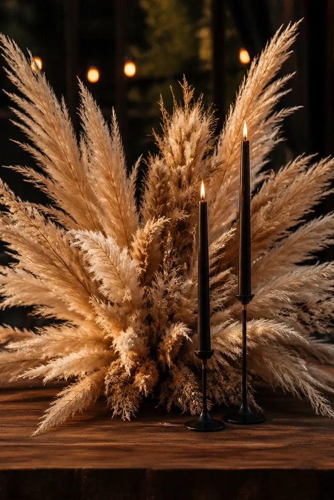 Neutral pampas grass arrangement with black taper candles on a light table runner