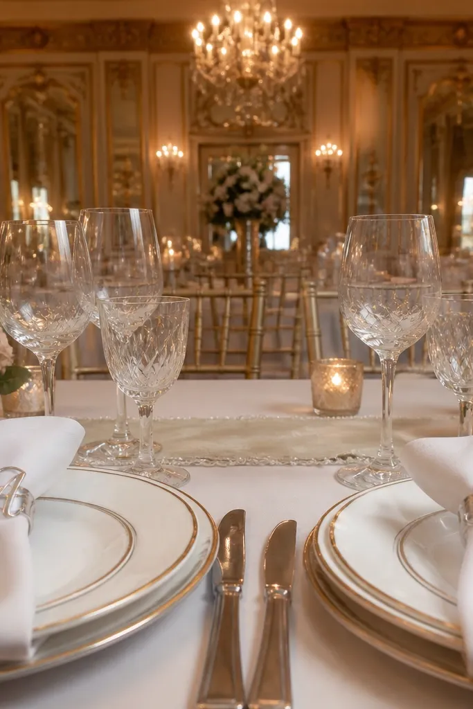 Monogram napkin rings on paired place settings with two small bouquet corners on the table