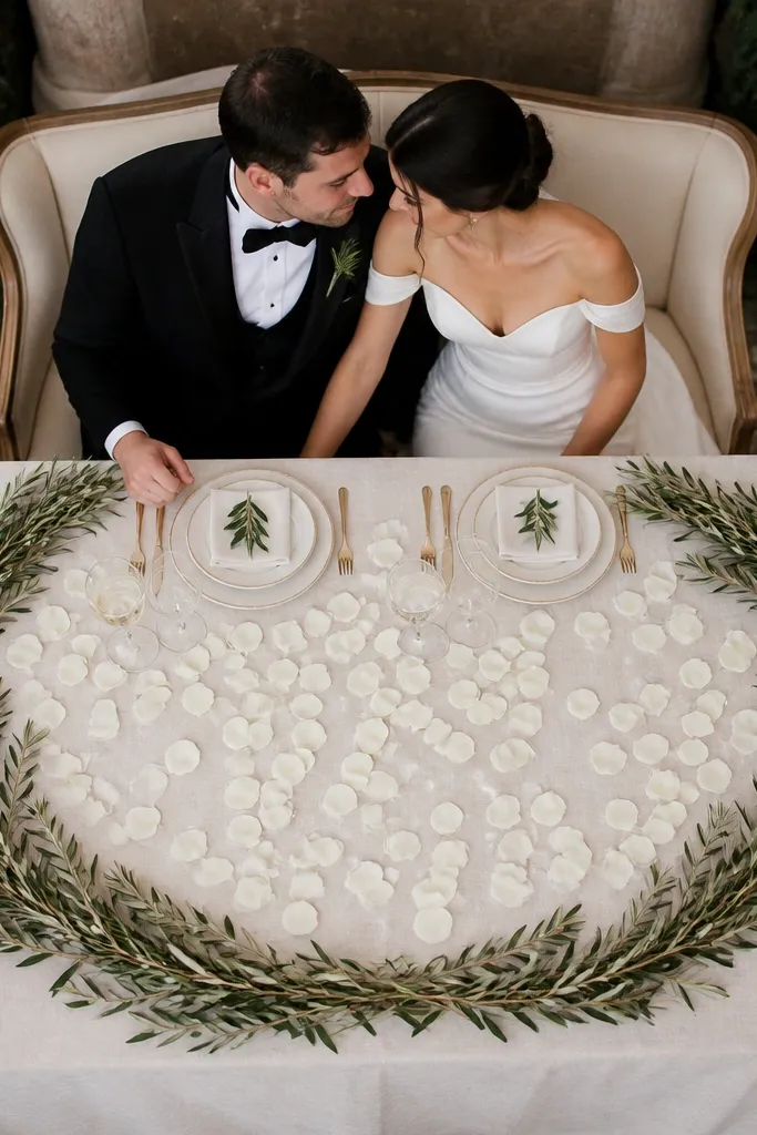 Olive branch frame around the center with white petals scattered lightly and two candles