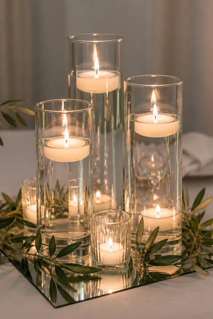 Slim mirror centerpiece with short olive sprigs and a cluster of white candles