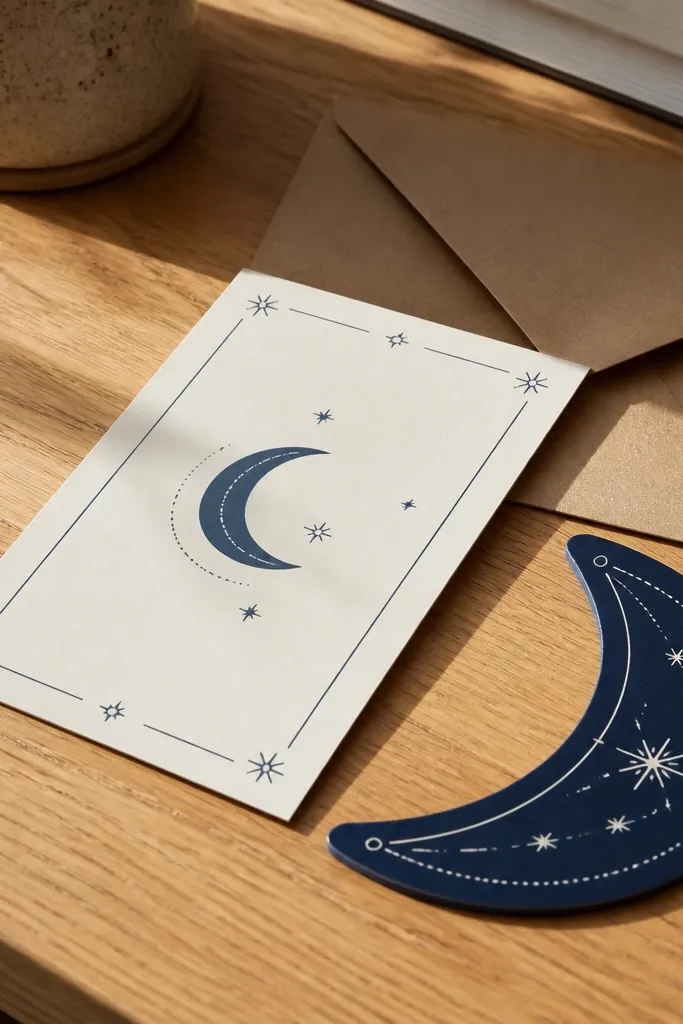 Ivory invitation card with navy crescent in the top corner and clean centered text