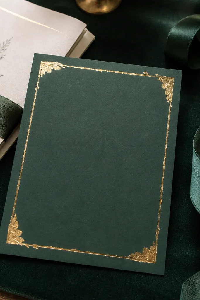 Emerald green invitation with thin gold border lines and centered wedding text