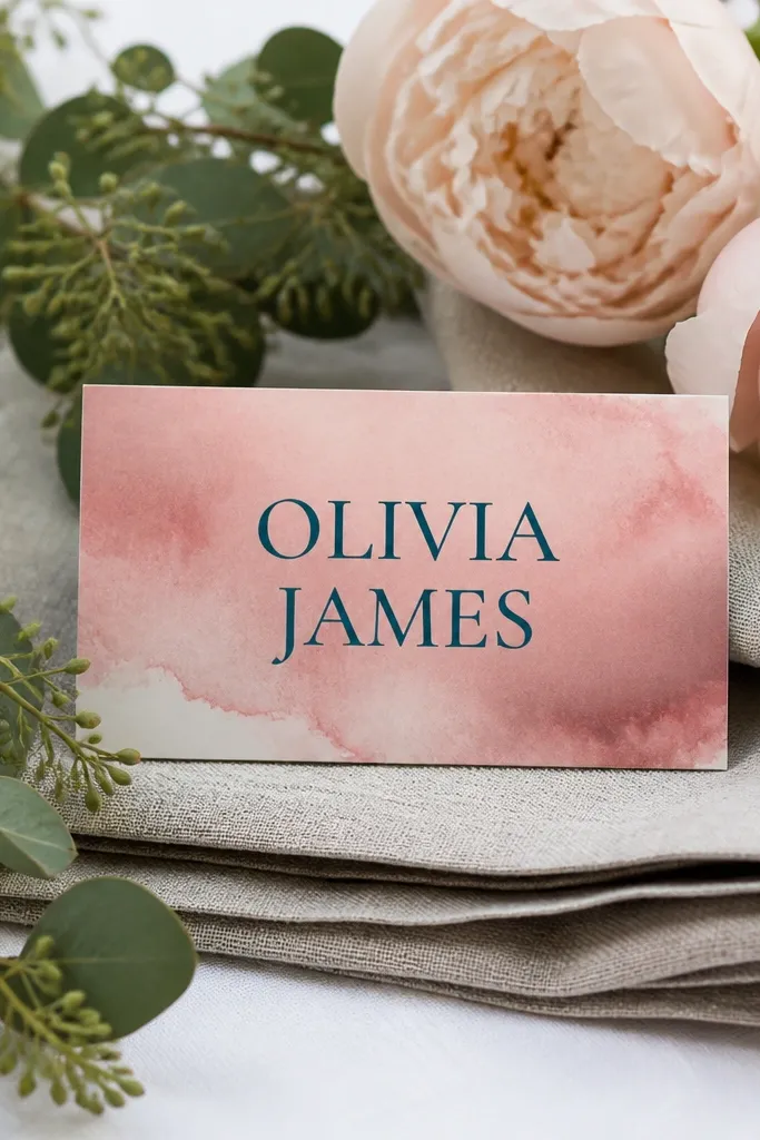 Dusty rose watercolor background with dark teal couple names in the center