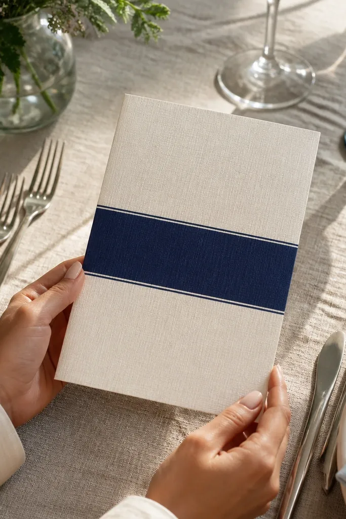 Ivory linen-textured card with a navy band across the middle