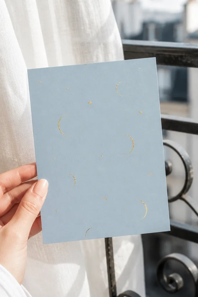 Sky blue invitation with tiny gold crescent pattern and centered text