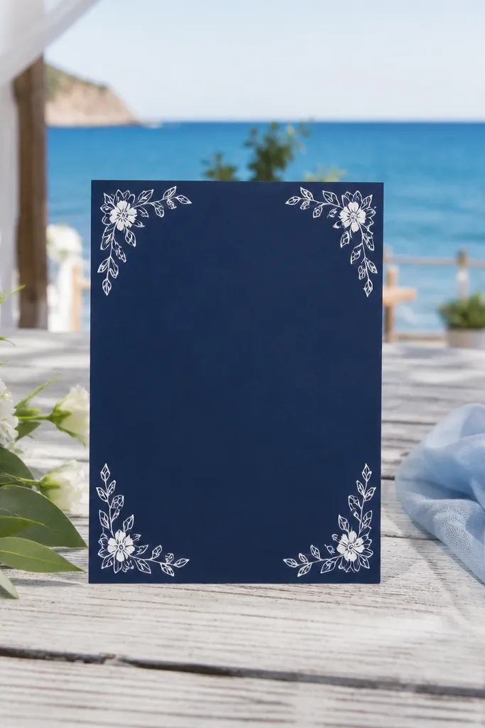 Deep navy card with white floral corner accents and centered wedding text
