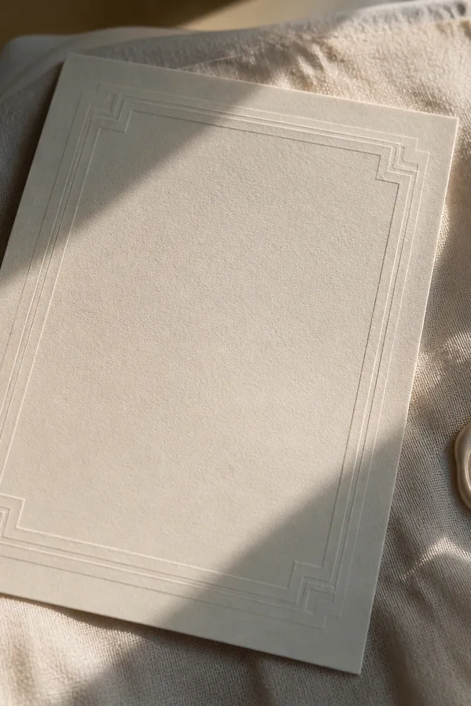 Champagne ivory invitation with raised geometric frame around the edges