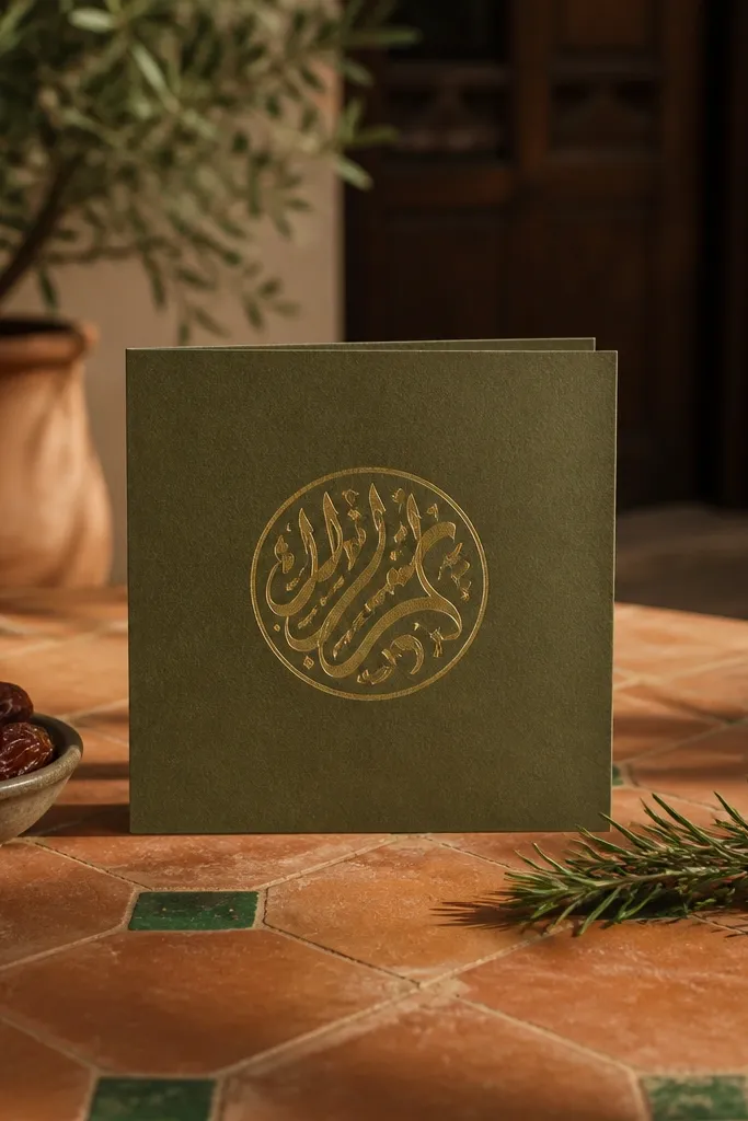 Olive green invitation with a gold medallion behind the couple names