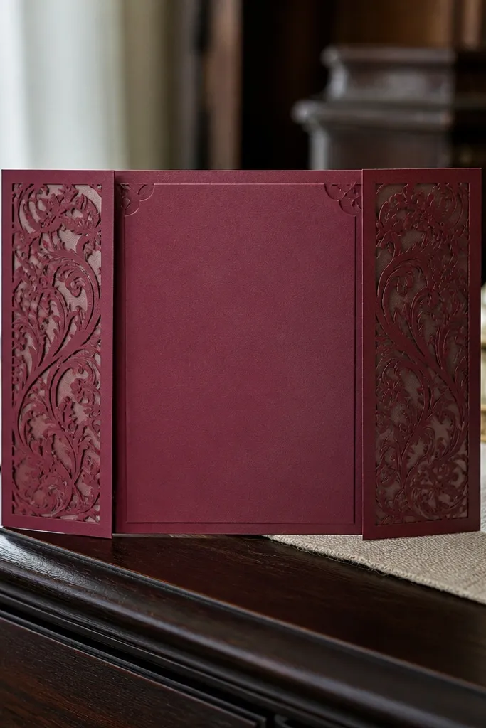 Maroon invitation with two side panels and centered date and venue text