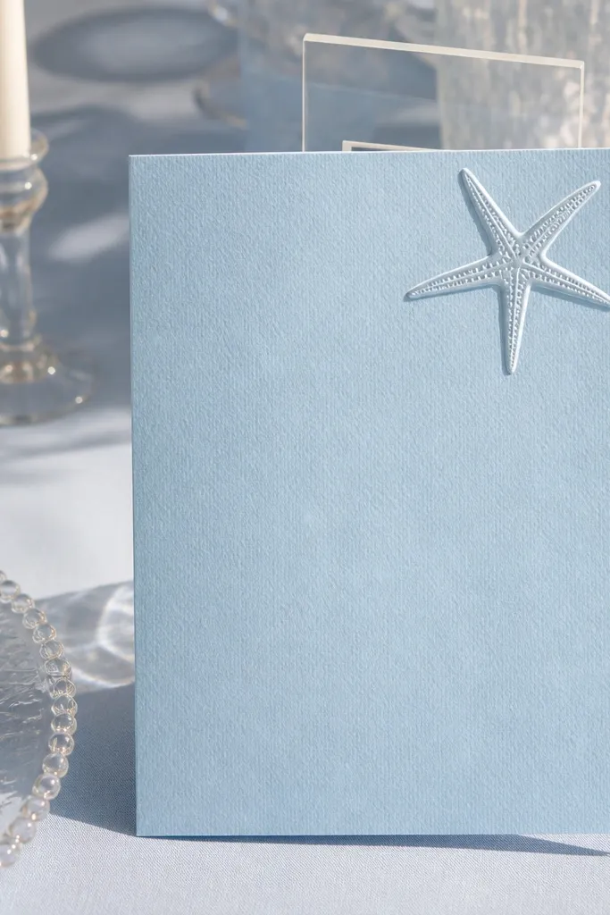 Powder blue card with a white embossed star in the top corner