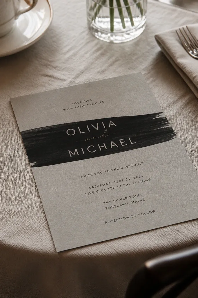 Grey invitation with a black calligraphy banner and minimal date text