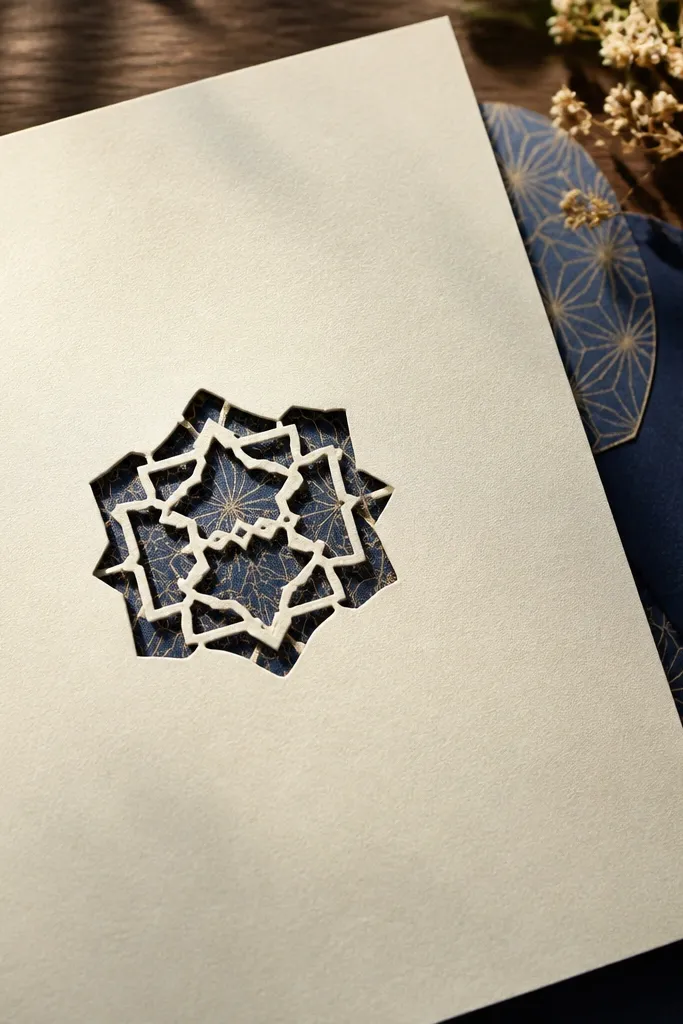 Ivory invitation with a small geometric cutout window revealing a patterned layer