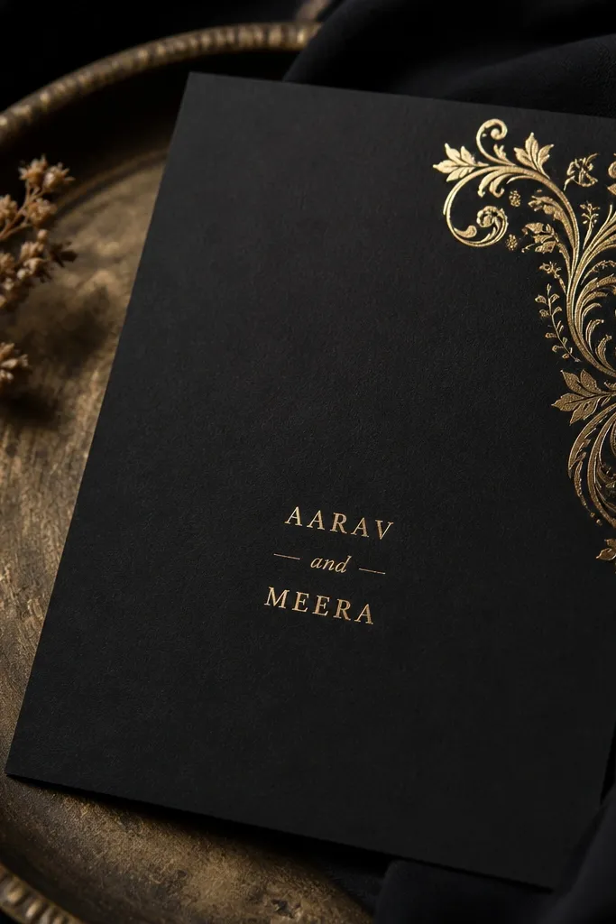 Black matte card with gold stamped corner flourish and centered wedding text