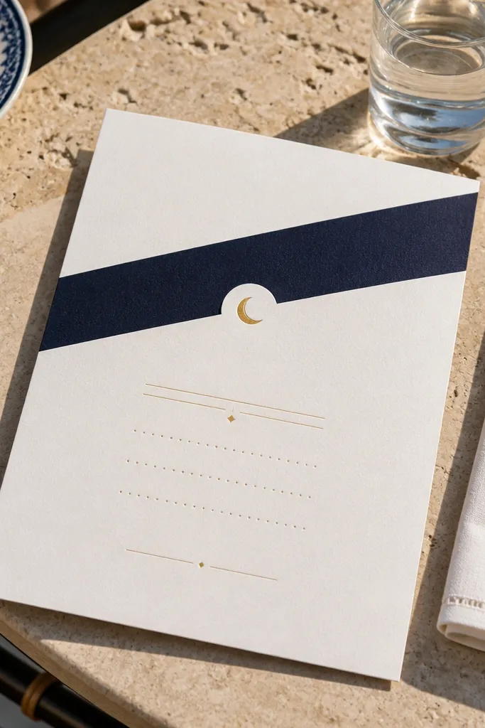 White card with navy diagonal band and a small crescent divider near the text