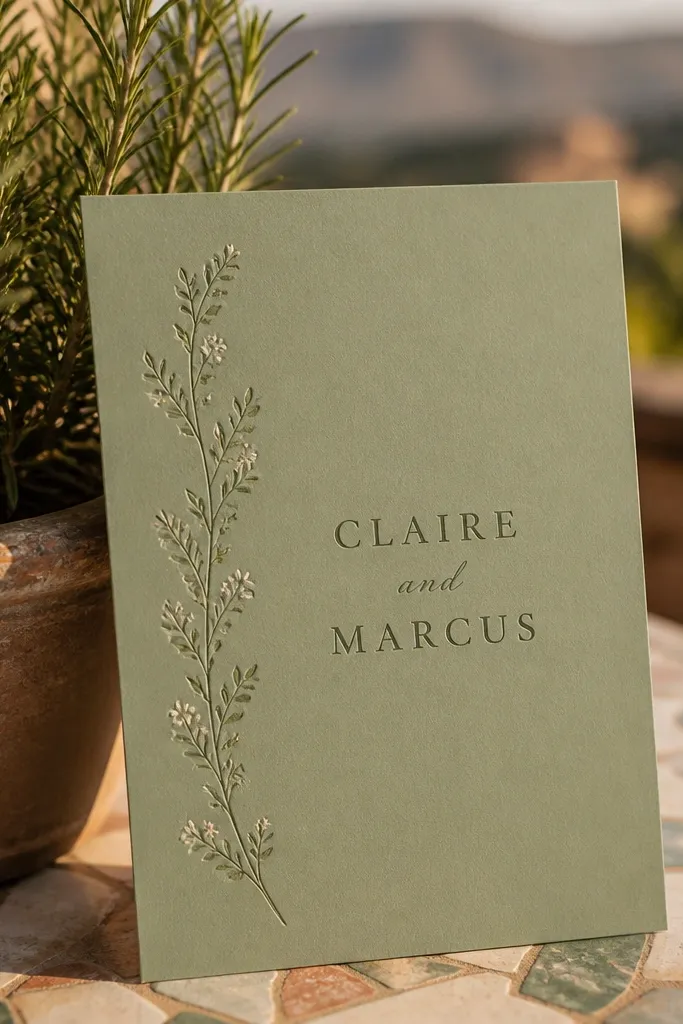 Sage green card with a thin floral vine on the left side and centered text