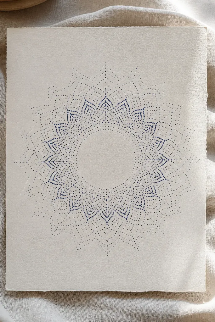 Cream card with navy dotwork mandala halo behind the couple names