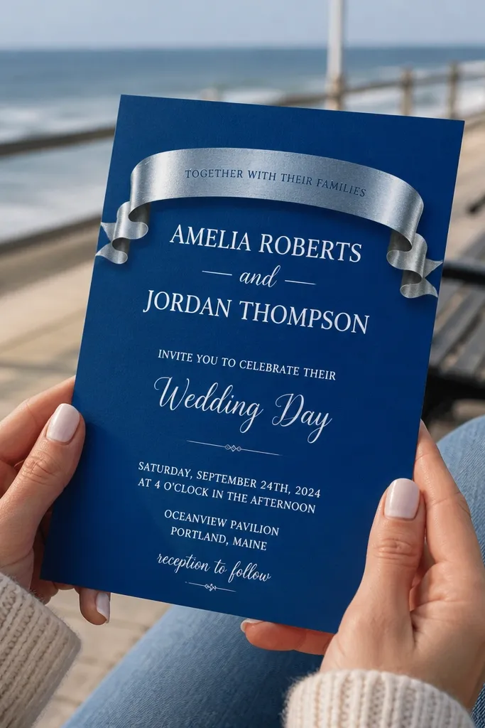 Cobalt blue card with a silver ribbon banner and centered wedding text
