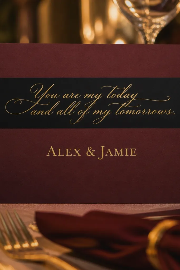 Maroon card with a black calligraphy quote panel and simple date text