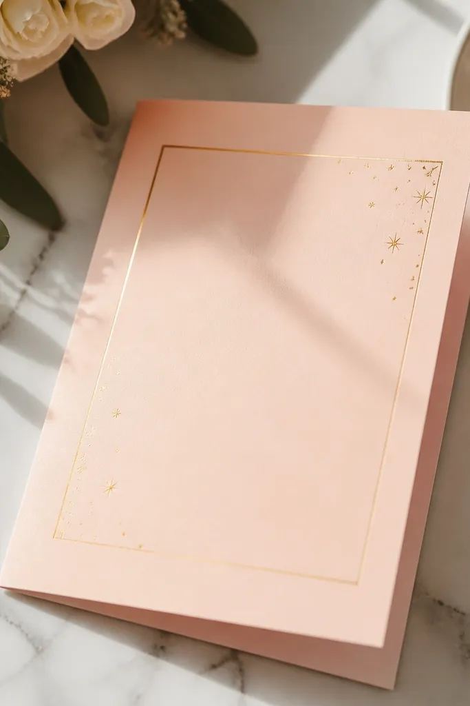 Peach blush card with a thin gold frame and small star dot accents
