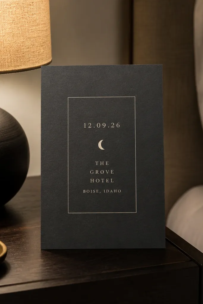 Charcoal grey card with warm ivory stacked text and a small crescent icon