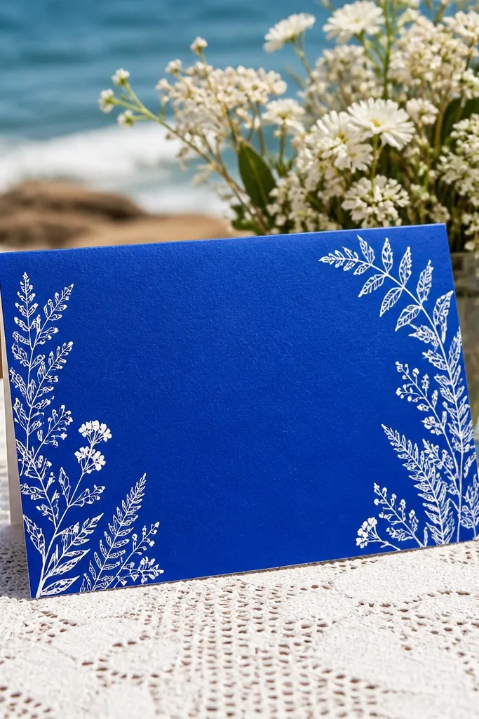 Royal blue card with white botanical corner borders and centered invitation text